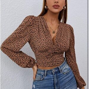 Womens Tops All Over Print Long Sleeve Shirred Back Blouse Fashion Casual Sz M